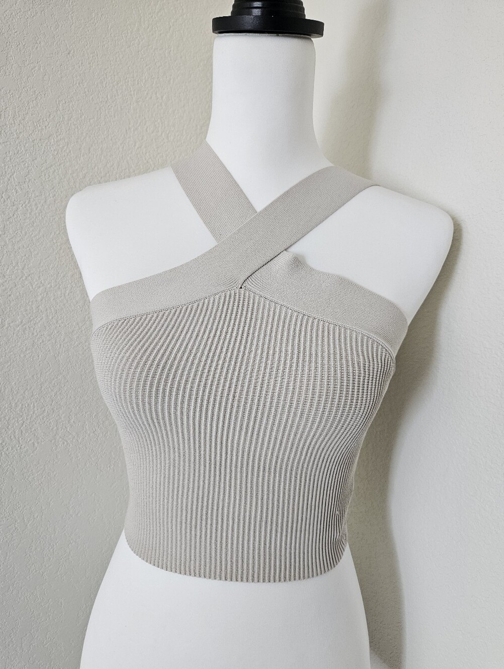Babaton Cross-Strap Ribbed Crop Top in Light Beige